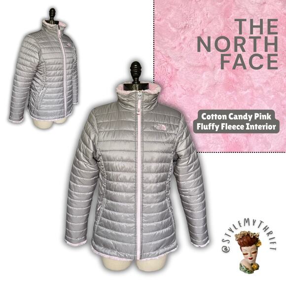 The North Face Pink Gray Reversible Mossbud Puffer Jacket Winter Snow Ski Casual
